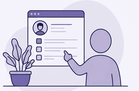 Illustration of a person viewing a team member profile on screen