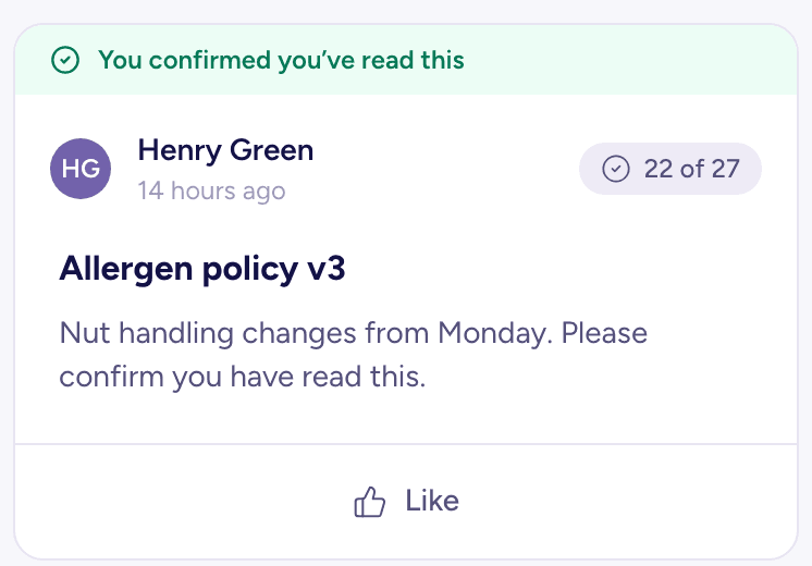 An announcement card headed “Allergen policy v3”, confirmed read by 22 of 27 people