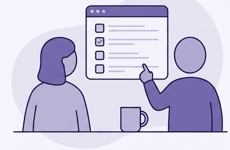 Illustration of a manager and team member reviewing a checklist together