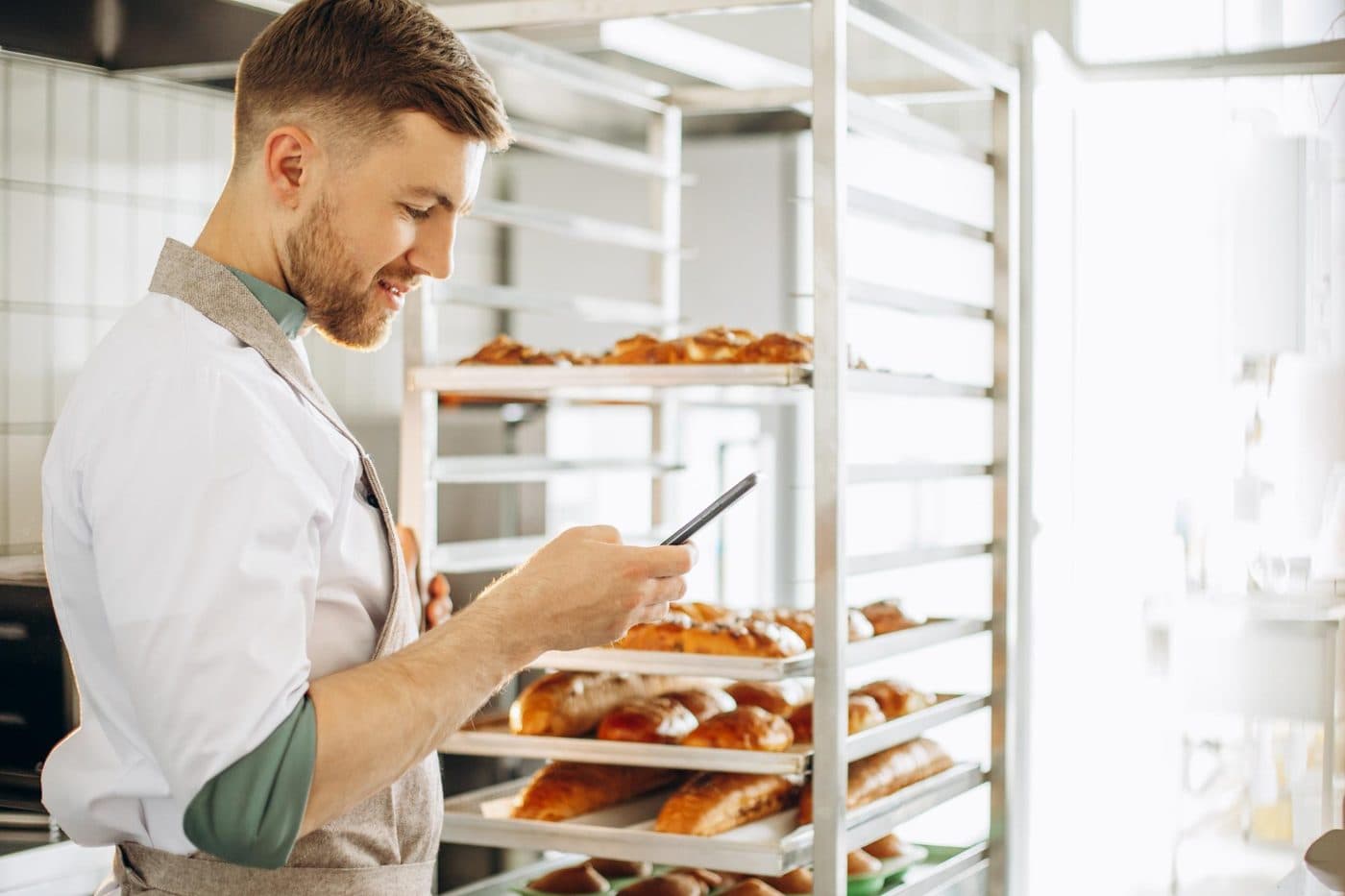 A baker in an apron checking their phone beside a rack of fresh bread