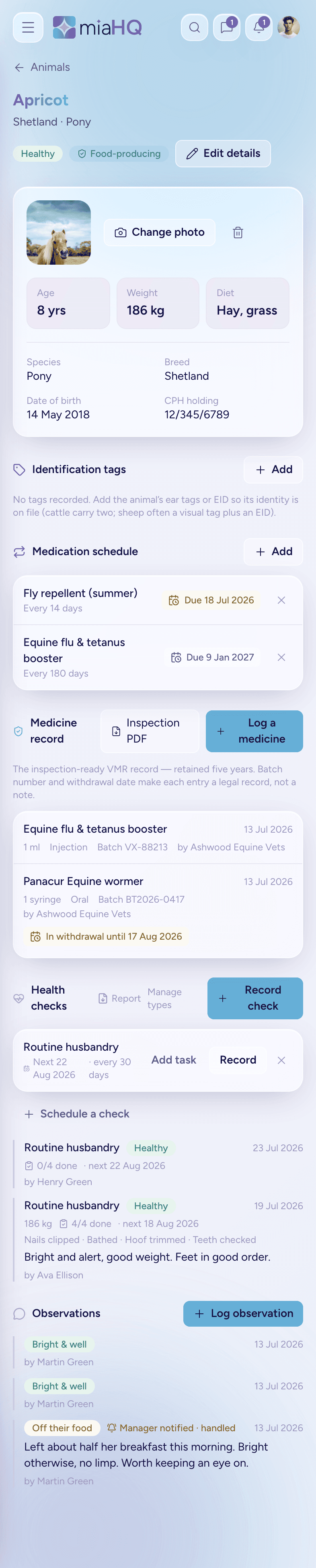 An animal record on a phone: photo, age and weight, medication schedule, the inspection-ready medicine record with batch numbers and withdrawal dates, health checks and observations