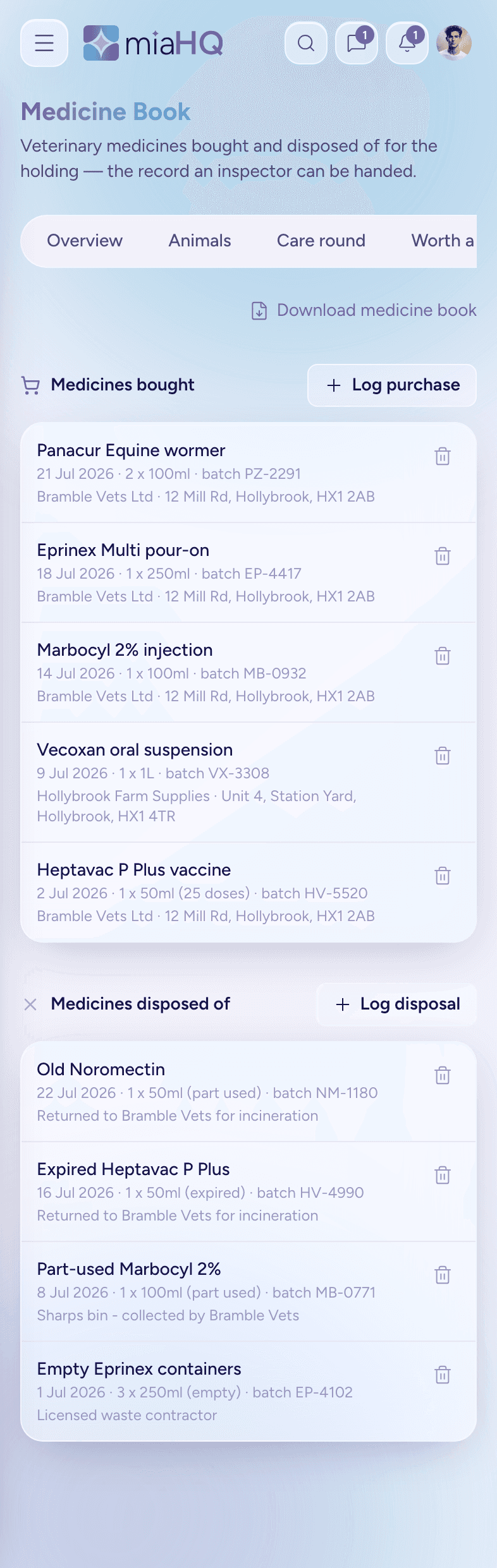 The medicine book on a phone: veterinary medicines bought and disposed of for the holding, with dates and batch numbers