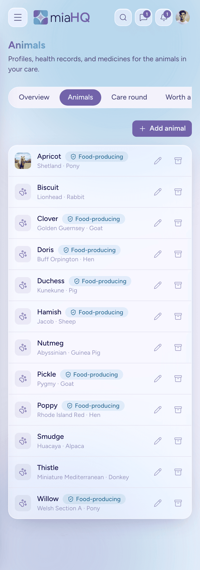 The animal register on a phone: each animal with its breed and whether it is food-producing