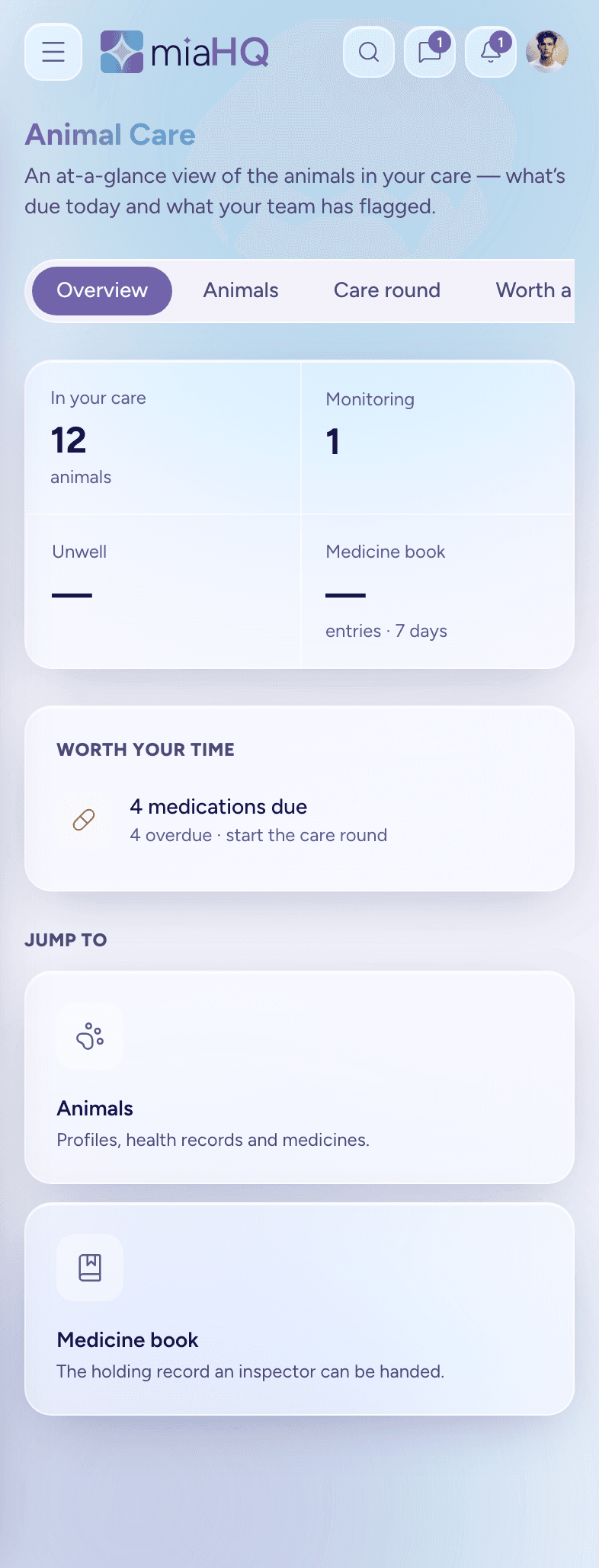 The Animal care overview on a phone: how many animals are in your care, what is being monitored or unwell, medicines due today, and shortcuts to animal profiles and the medicine book