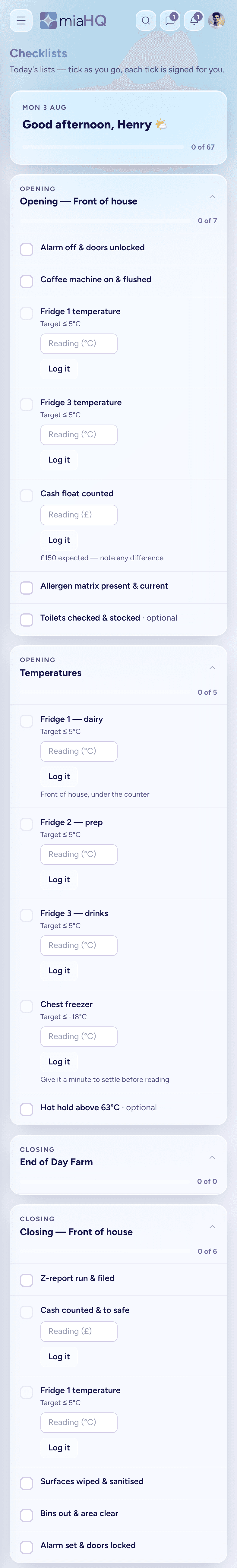 The miaHQ checklists screen on a phone: an opening front-of-house list part-ticked, with fridge temperature and cash float readings logged and each tick signed with a name and time