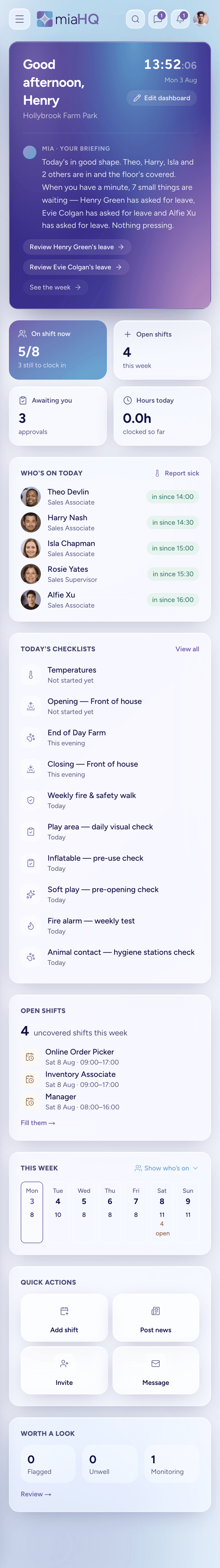 The miaHQ dashboard on a phone: a greeting and briefing, who is on today grouped by area with clock-in times, this week, today’s checklists and approvals waiting