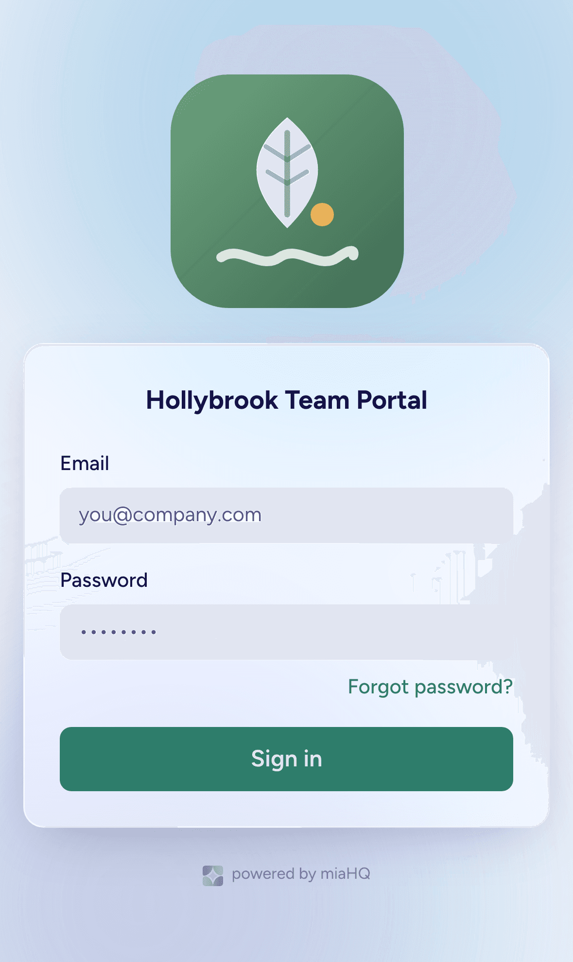 A branded miaHQ sign-in page showing a venue’s own logo on a soft glass panel, headed “Hollybrook Team Portal”
