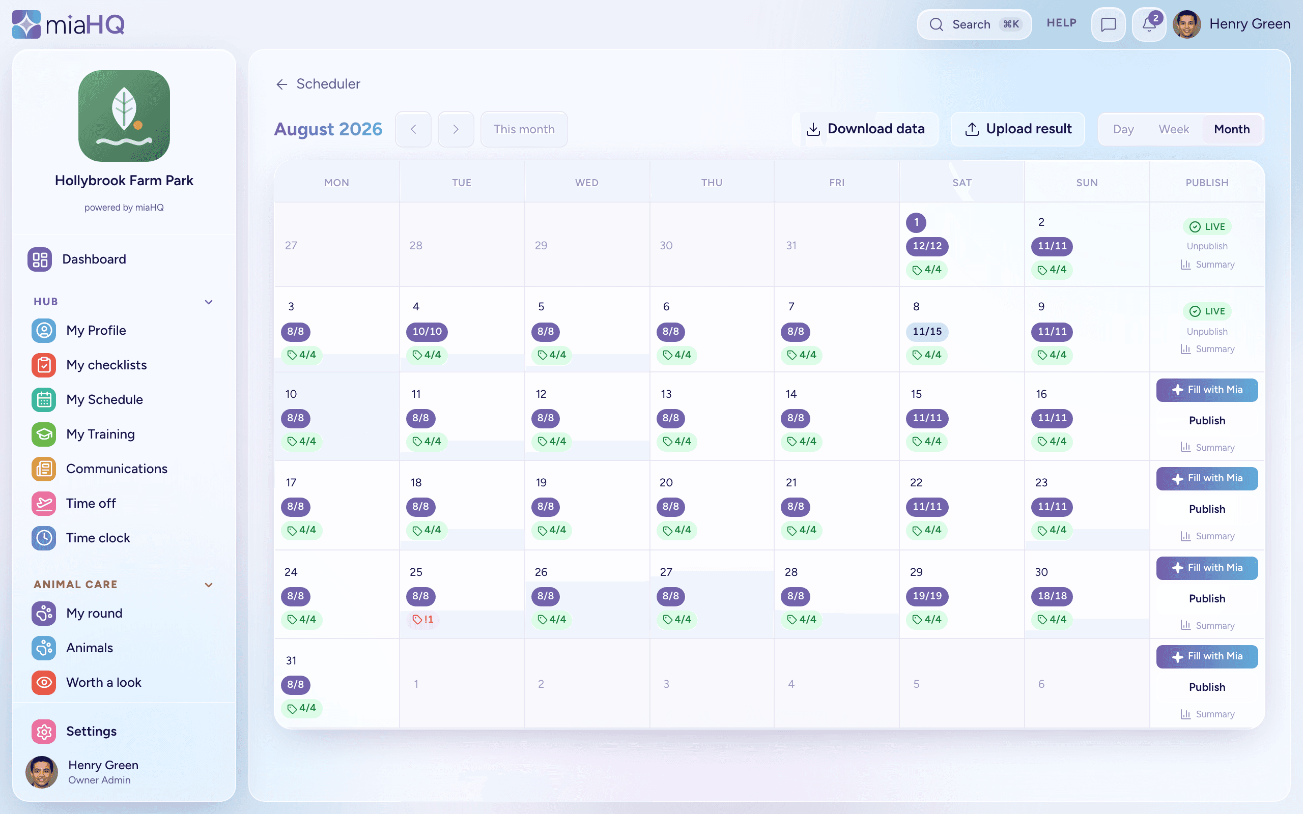The schedule builder month overview: each day shows how many shifts are filled and whether coverage is met, published weeks are marked live, and the draft week carries a Fill with Mia button