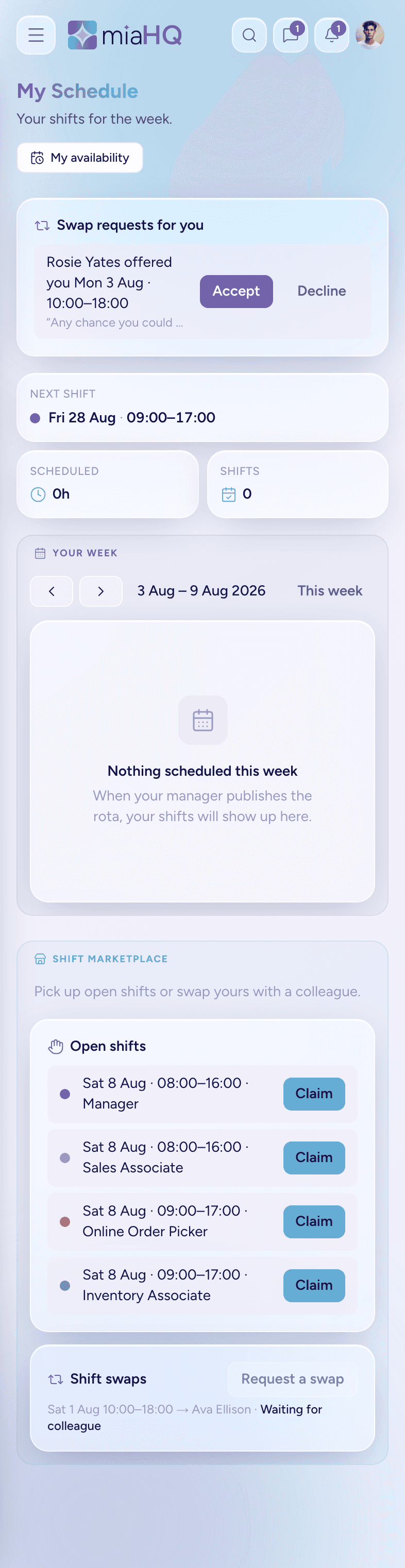 The My Schedule screen on a phone: the week’s shifts, then a Shift Marketplace of open shifts each with a Claim button, an incoming swap request to accept or decline, and an outgoing swap waiting for a colleague