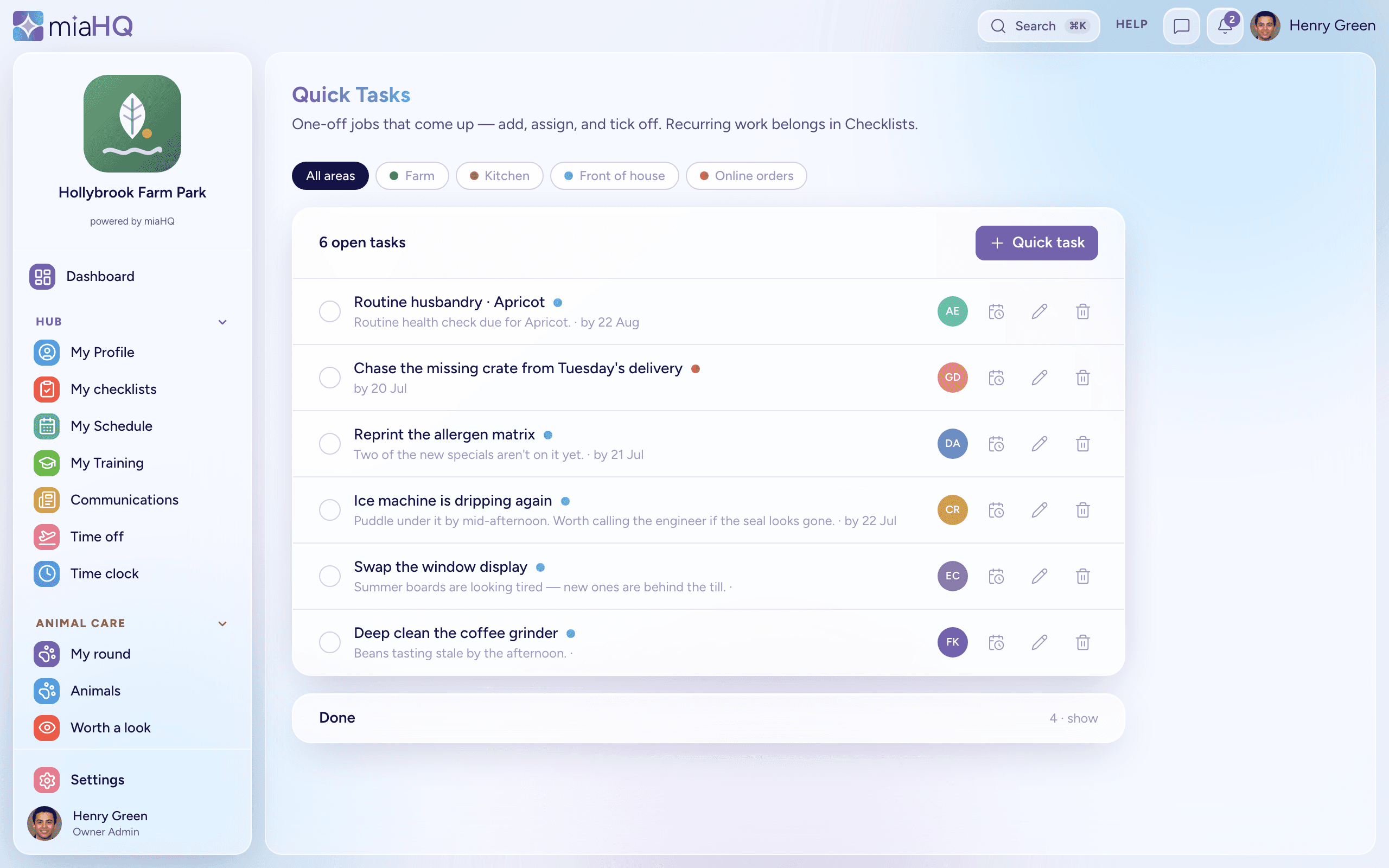 The quick tasks screen listing five open jobs with their area, assignee and due date