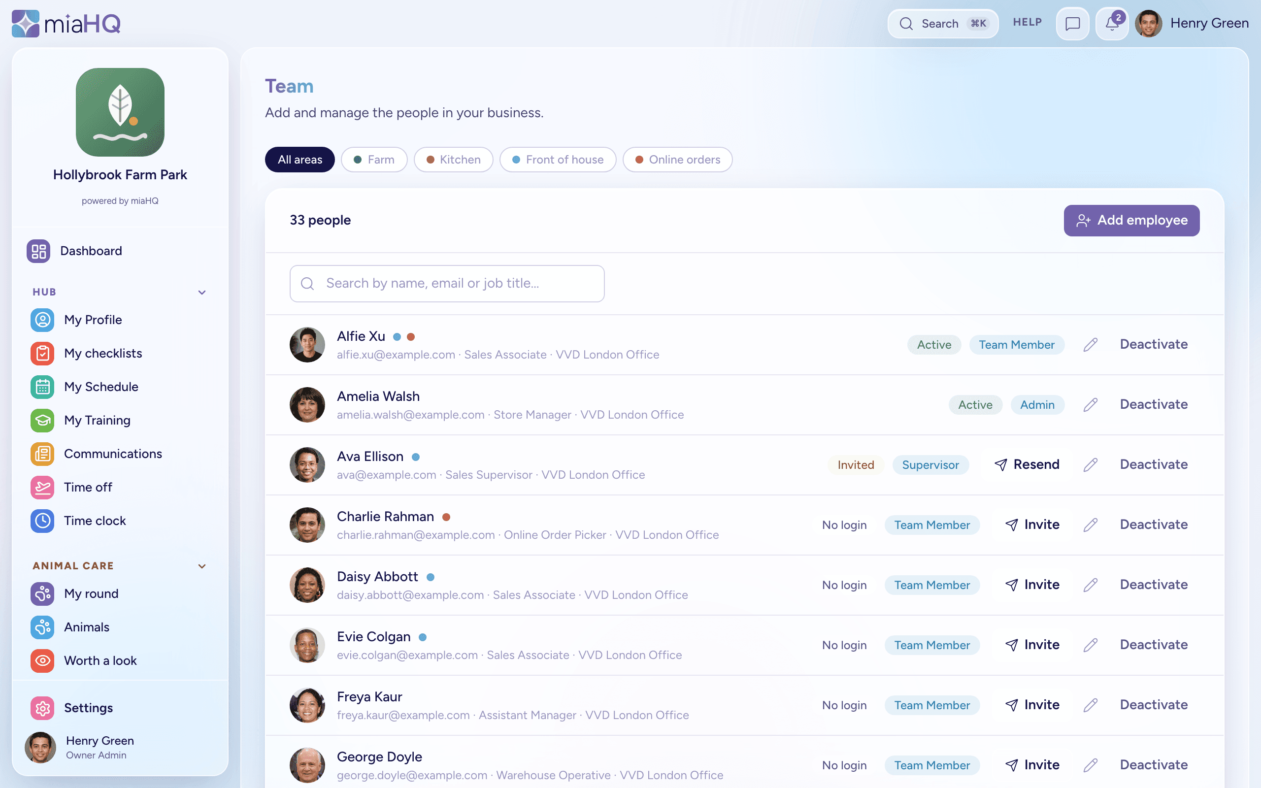The team screen listing employees with their roles and areas