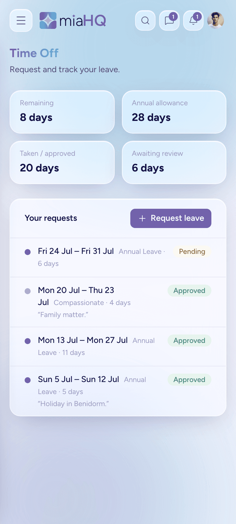 The Time Off screen on a phone: remaining, annual allowance, taken and awaiting-review balances shown in days, then a list of leave requests with their dates, type and approval status