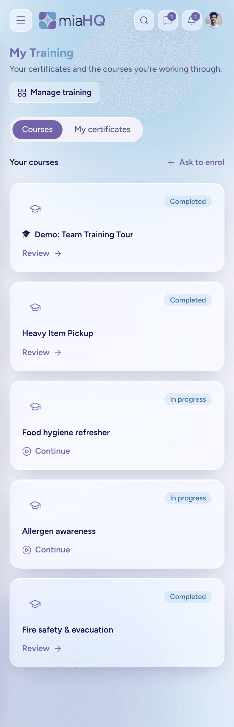 The My Training screen on a phone, listing courses with their status — completed, in progress and not started